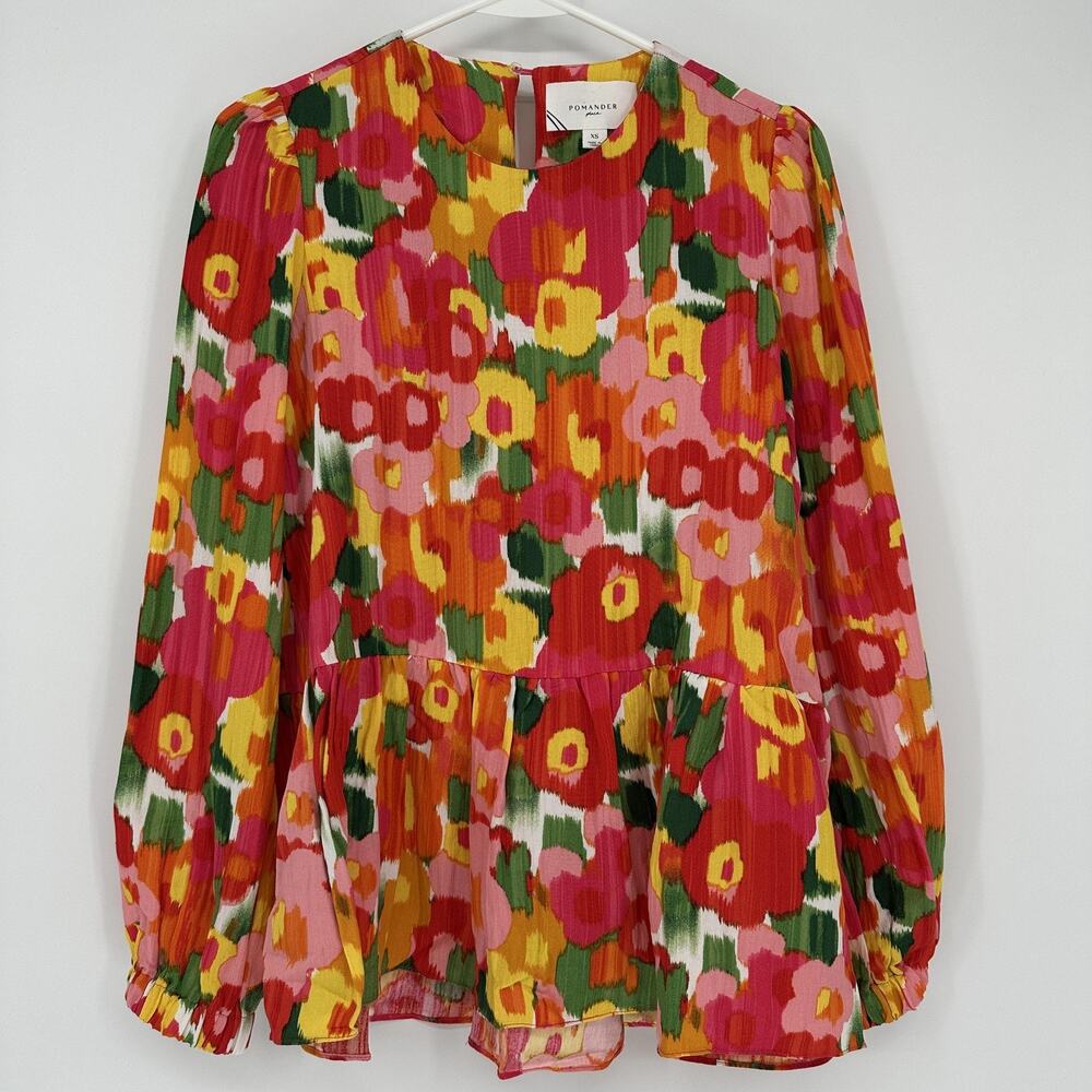 Pomander Place Blouse Womens XS Multicolor Floral Peplum Long Balloon Sleeve Top